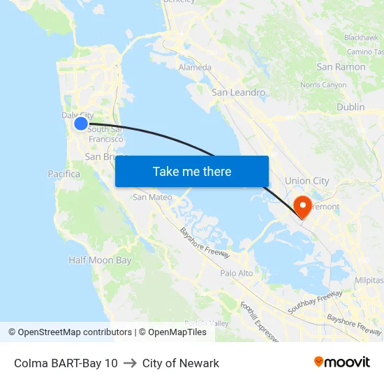 Colma BART-Bay 10 to City of Newark map
