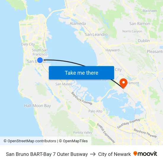 San Bruno BART-Bay 7 Outer Busway to City of Newark map