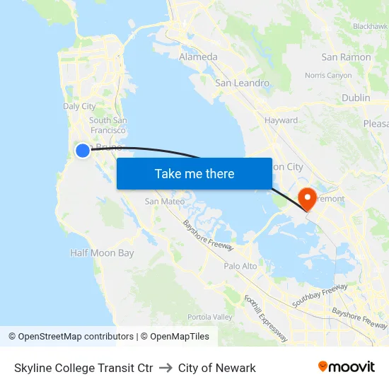 Skyline College Transit Ctr to City of Newark map