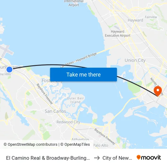 El Camino Real & Broadway-Burlingame to City of Newark map