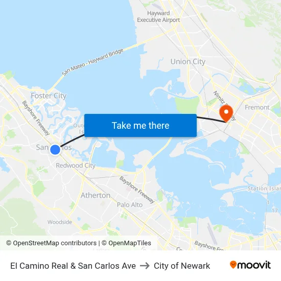 El Camino Real & San Carlos Ave to City of Newark map