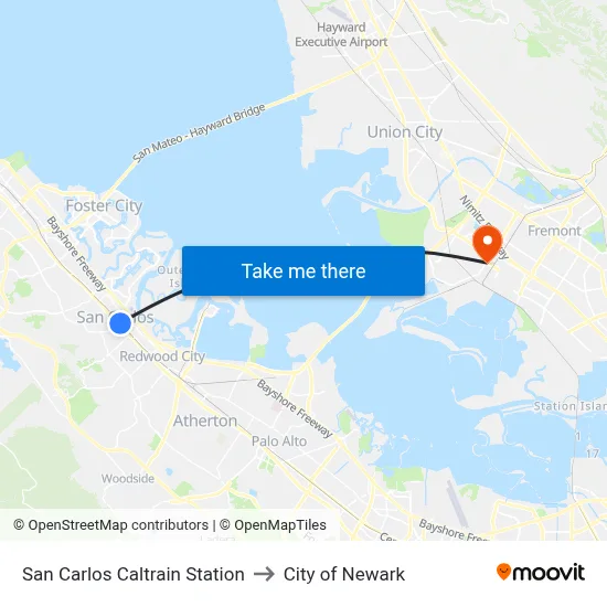 San Carlos Caltrain Station to City of Newark map