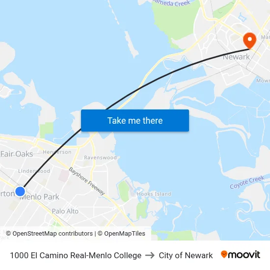 1000 El Camino Real-Menlo College to City of Newark map