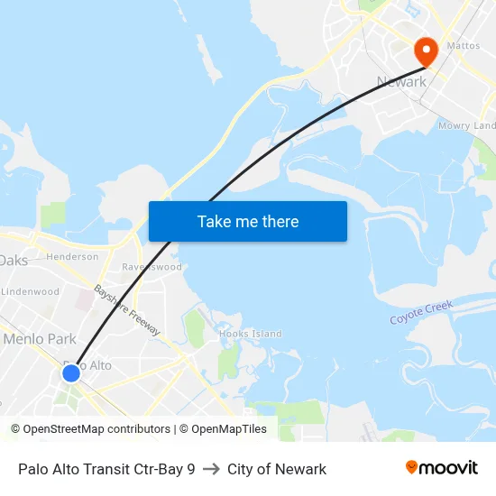 Palo Alto Transit Ctr-Bay 9 to City of Newark map