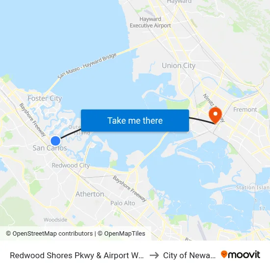 Redwood Shores Pkwy & Airport Way to City of Newark map