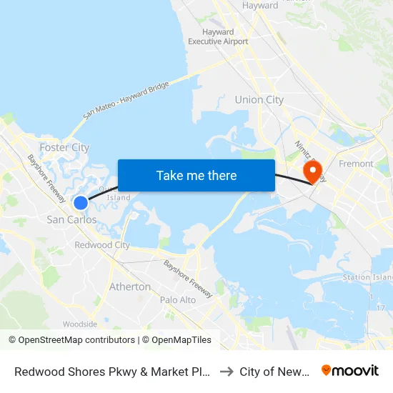 Redwood Shores Pkwy & Market Place to City of Newark map