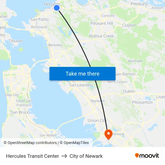 Hercules Transit Center to City of Newark map