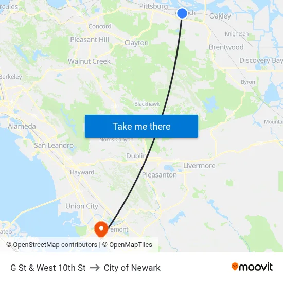 G St & West 10th St to City of Newark map