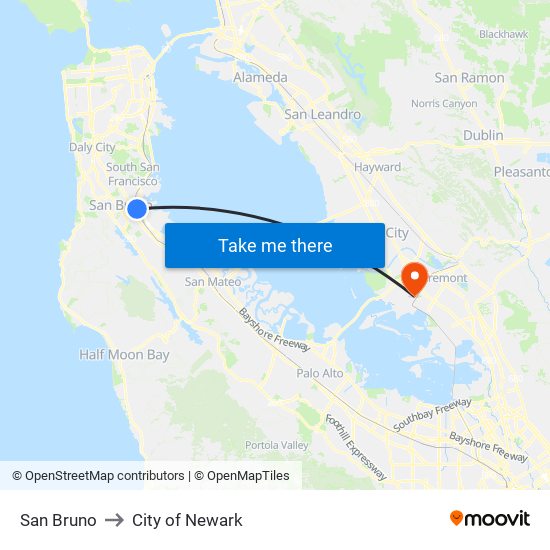 San Bruno to City of Newark map