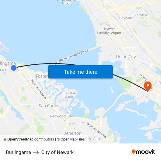 Burlingame to City of Newark map