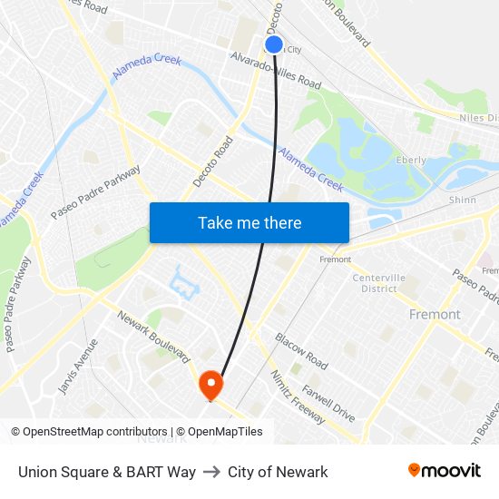 Union Square & BART Way to City of Newark map