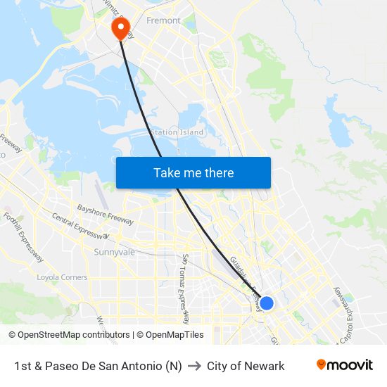 1st & Paseo De San Antonio (N) to City of Newark map