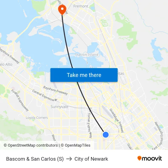 Bascom & San Carlos (S) to City of Newark map