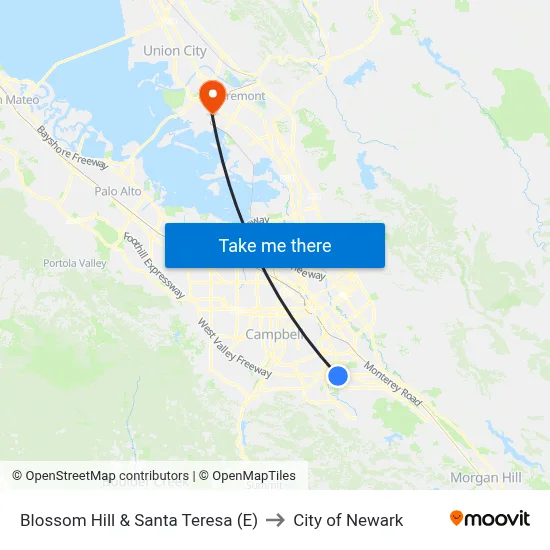 Blossom Hill & Santa Teresa (E) to City of Newark map