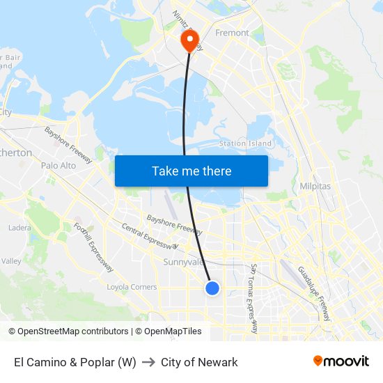 El Camino & Poplar (W) to City of Newark map