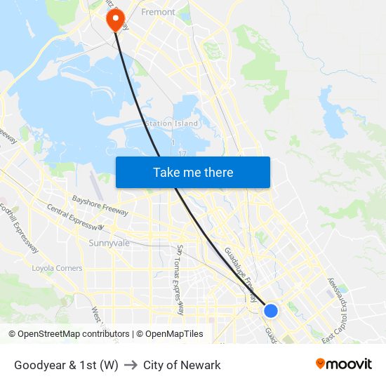 Goodyear & 1st (W) to City of Newark map