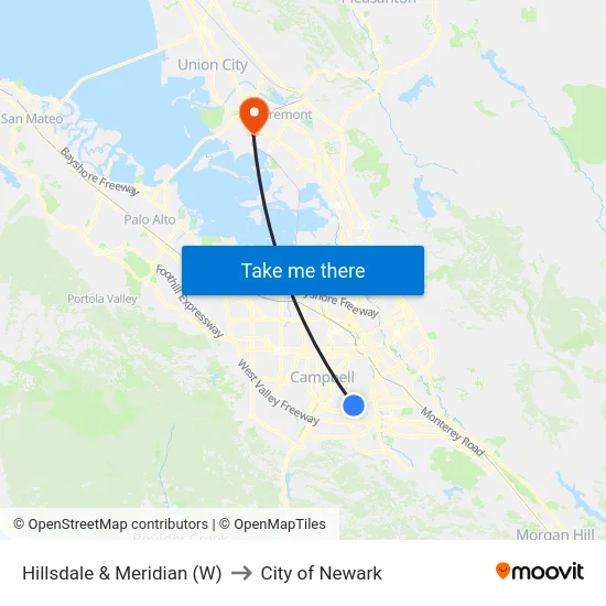 Hillsdale & Meridian (W) to City of Newark map