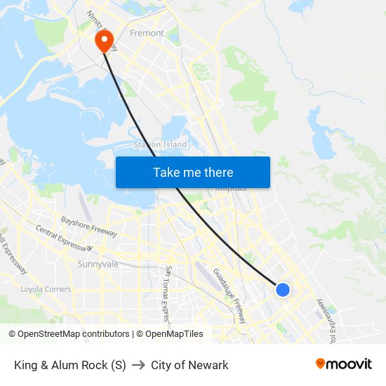 King & Alum Rock (S) to City of Newark map