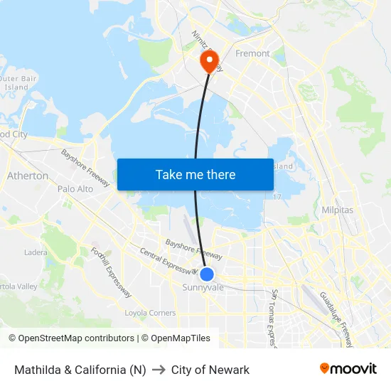 Mathilda & California (N) to City of Newark map