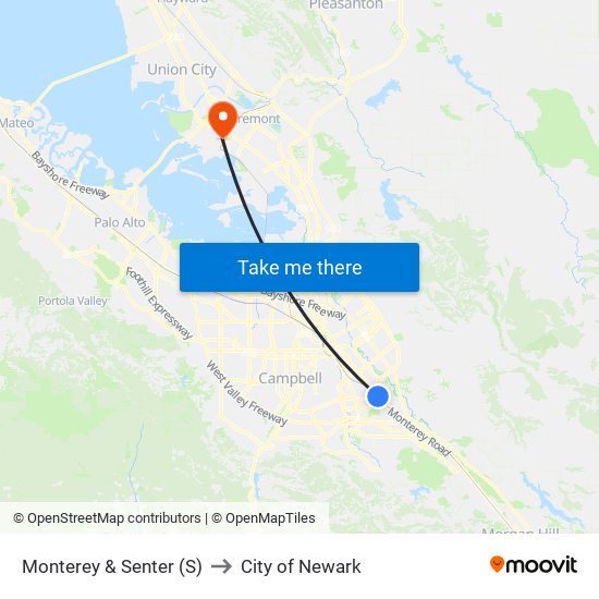 Monterey & Senter (S) to City of Newark map