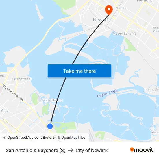 San Antonio & Bayshore (S) to City of Newark map