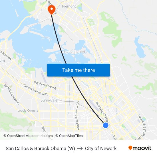 San Carlos & Barack Obama (W) to City of Newark map