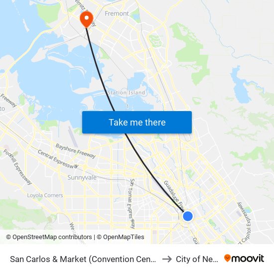 San Carlos & Market (Convention Center Stn) (W) to City of Newark map