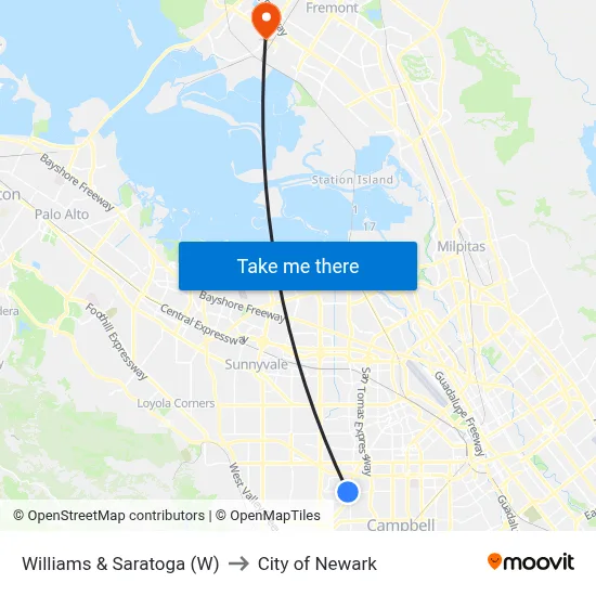 Williams & Saratoga (W) to City of Newark map