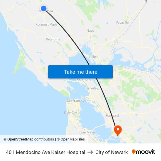 401 Mendocino Ave Kaiser Hospital to City of Newark map