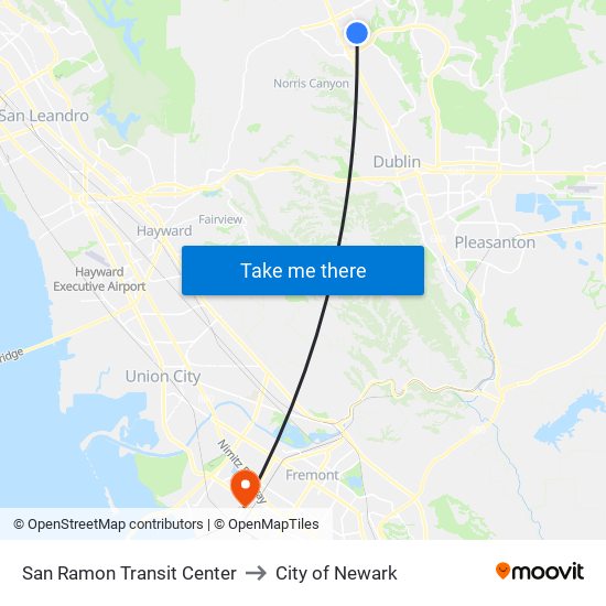 San Ramon Transit Center to City of Newark map