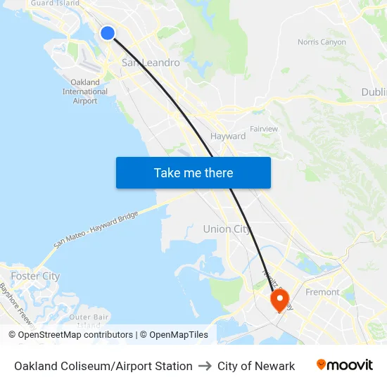Oakland Coliseum/Airport Station to City of Newark map