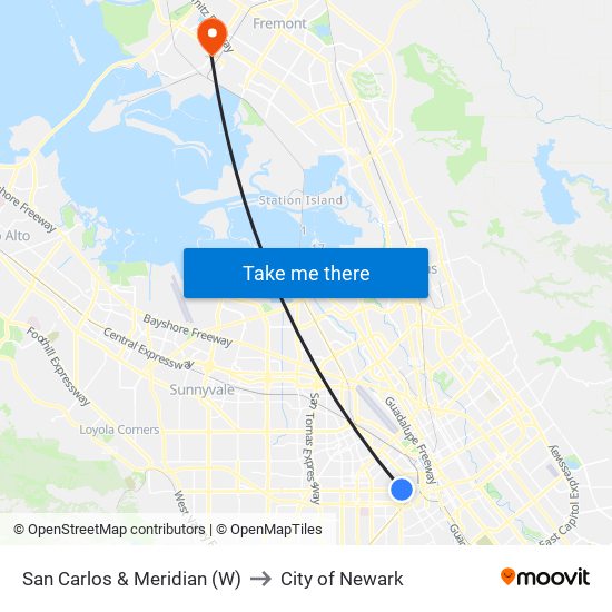 San Carlos & Meridian (W) to City of Newark map