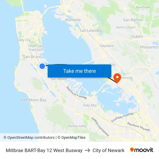 Millbrae BART-Bay 12 West Busway to City of Newark map