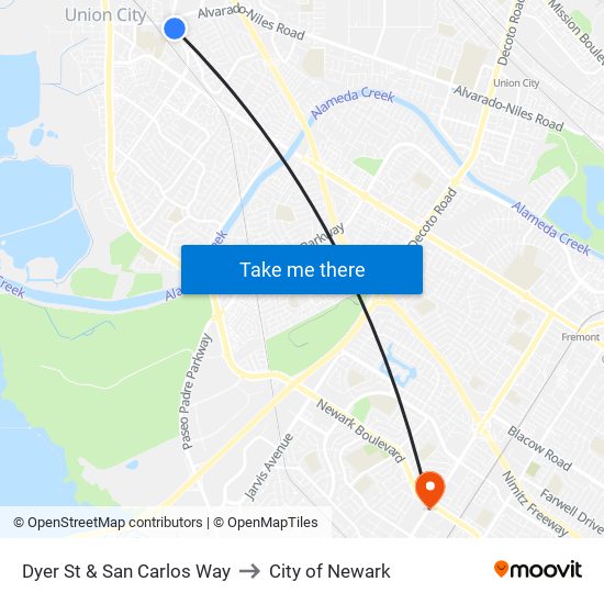 Dyer St & San Carlos Way to City of Newark map