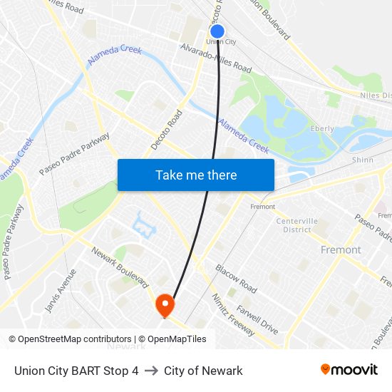 Union City BART Stop 4 to City of Newark map