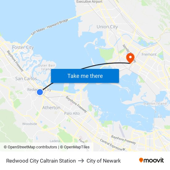 Redwood City Caltrain Station to City of Newark map