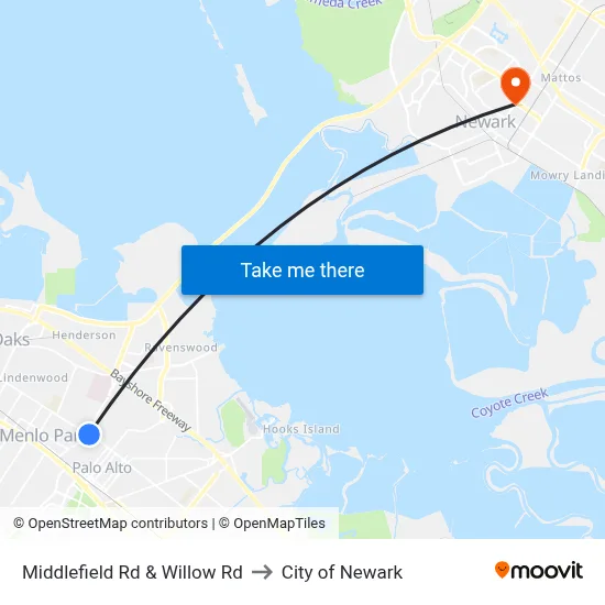 Middlefield Rd & Willow Rd to City of Newark map