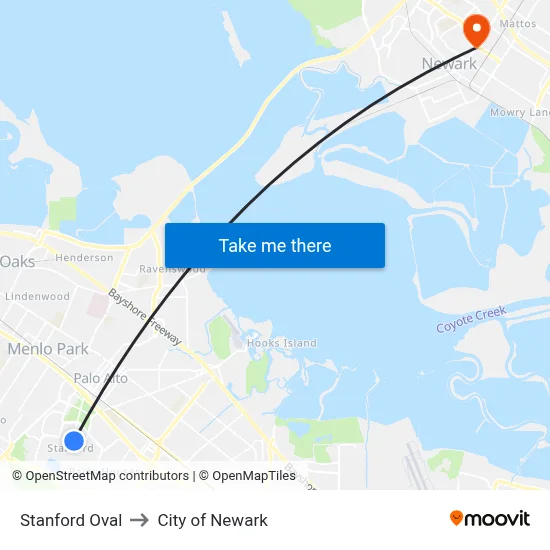 Stanford Oval to City of Newark map