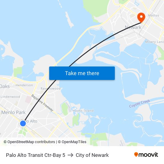 Palo Alto Transit Ctr-Bay 5 to City of Newark map