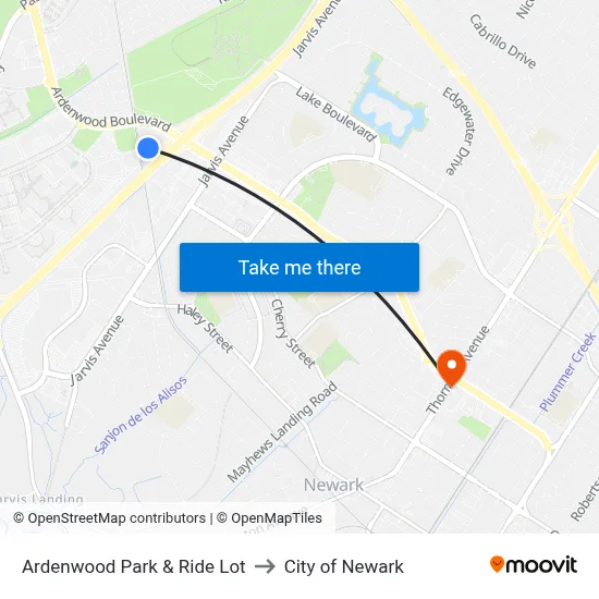 Ardenwood Park & Ride Lot to City of Newark map
