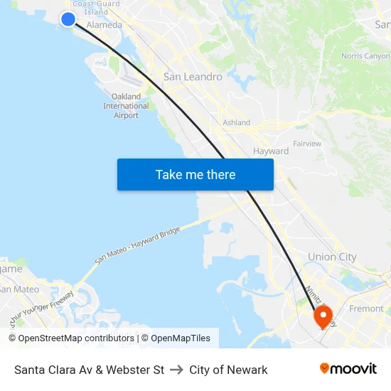 Santa Clara Av & Webster St to City of Newark map