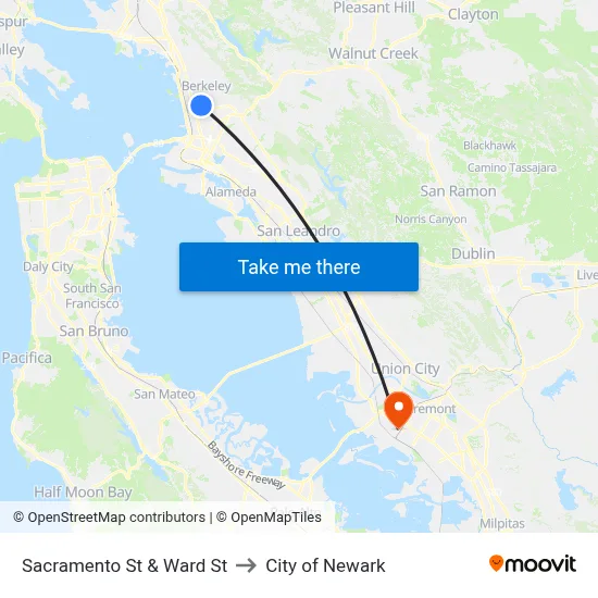 Sacramento St & Ward St to City of Newark map