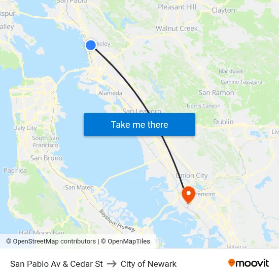 San Pablo Av & Cedar St to City of Newark map