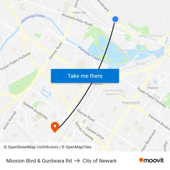 Mission Blvd & Gurdwara Rd to City of Newark map