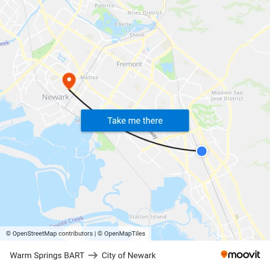 Warm Springs BART to City of Newark map