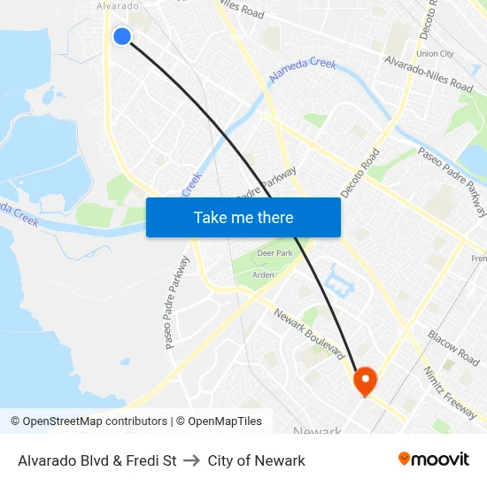 Alvarado Blvd & Fredi St to City of Newark map