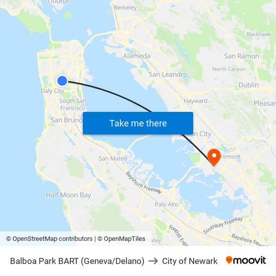 Balboa Park BART (Geneva/Delano) to City of Newark map