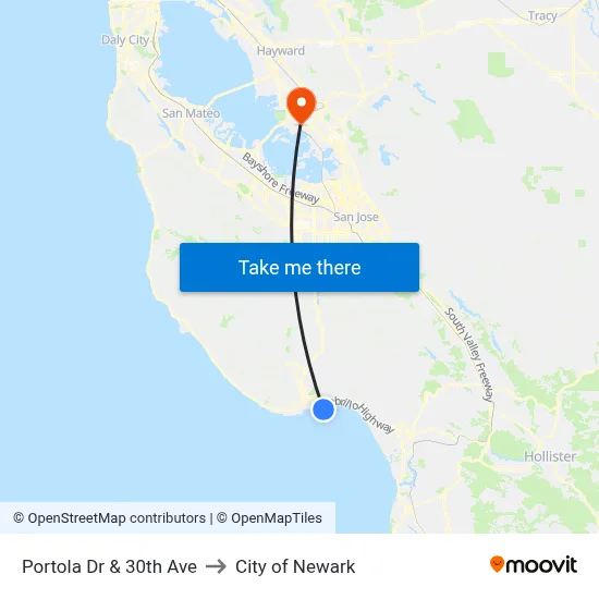 Portola Dr & 30th Ave to City of Newark map