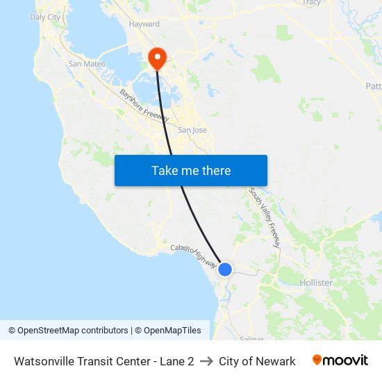 Watsonville Transit Center - Lane 2 to City of Newark map