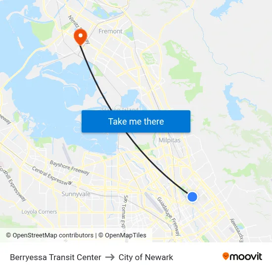 Berryessa Transit Center to City of Newark map
